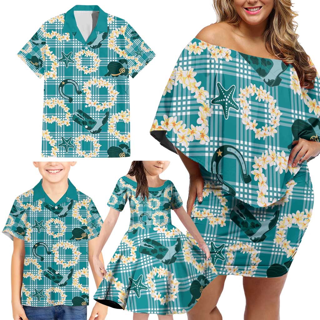 Aloha Hawaii Paniolo Teal Palaka Family Matching Off Shoulder Short Dress and Hawaiian Shirt Coastal Rodeo - Polynesian Pride
