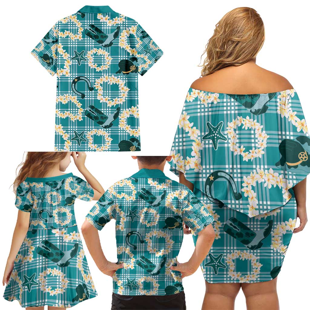 Aloha Hawaii Paniolo Teal Palaka Family Matching Off Shoulder Short Dress and Hawaiian Shirt Coastal Rodeo - Polynesian Pride