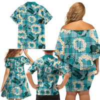Aloha Hawaii Paniolo Teal Palaka Family Matching Off Shoulder Short Dress and Hawaiian Shirt Coastal Rodeo - Polynesian Pride
