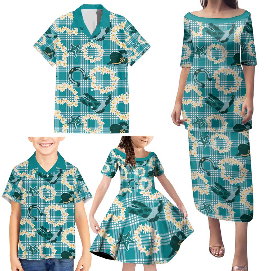 Aloha Hawaii Paniolo Teal Palaka Family Matching Puletasi and Hawaiian Shirt Coastal Rodeo - Polynesian Pride