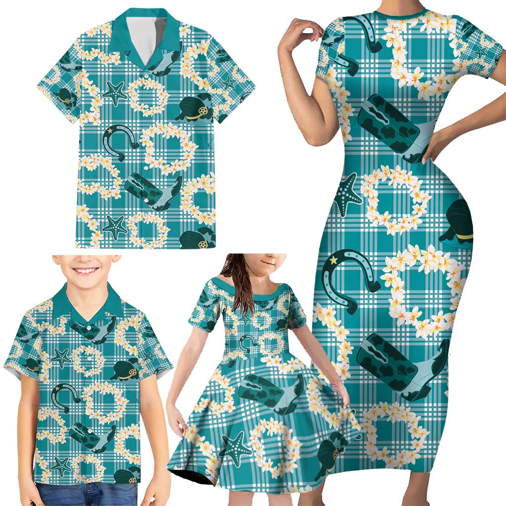 Aloha Hawaii Paniolo Teal Palaka Family Matching Short Sleeve Bodycon Dress and Hawaiian Shirt Coastal Rodeo - Polynesian Pride