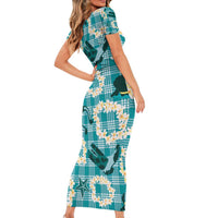 Aloha Hawaii Paniolo Teal Palaka Family Matching Short Sleeve Bodycon Dress and Hawaiian Shirt Coastal Rodeo - Polynesian Pride
