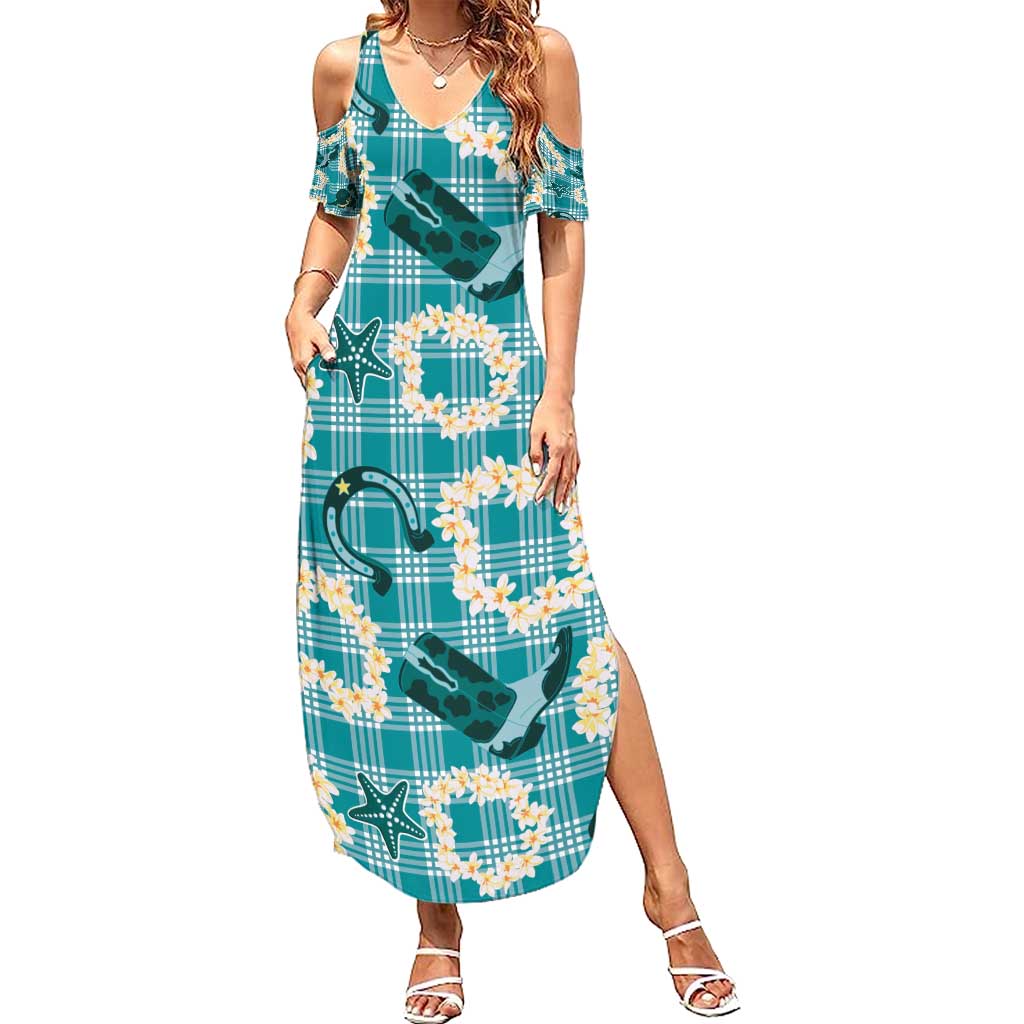 Aloha Hawaii Paniolo Teal Palaka Family Matching Summer Maxi Dress and Hawaiian Shirt Coastal Rodeo - Polynesian Pride