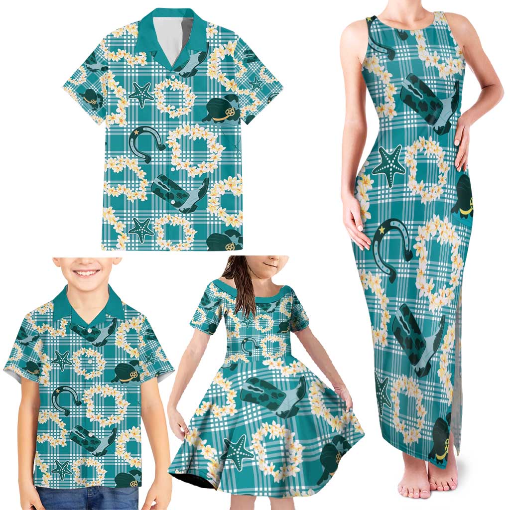 Aloha Hawaii Paniolo Teal Palaka Family Matching Tank Maxi Dress and Hawaiian Shirt Coastal Rodeo - Polynesian Pride