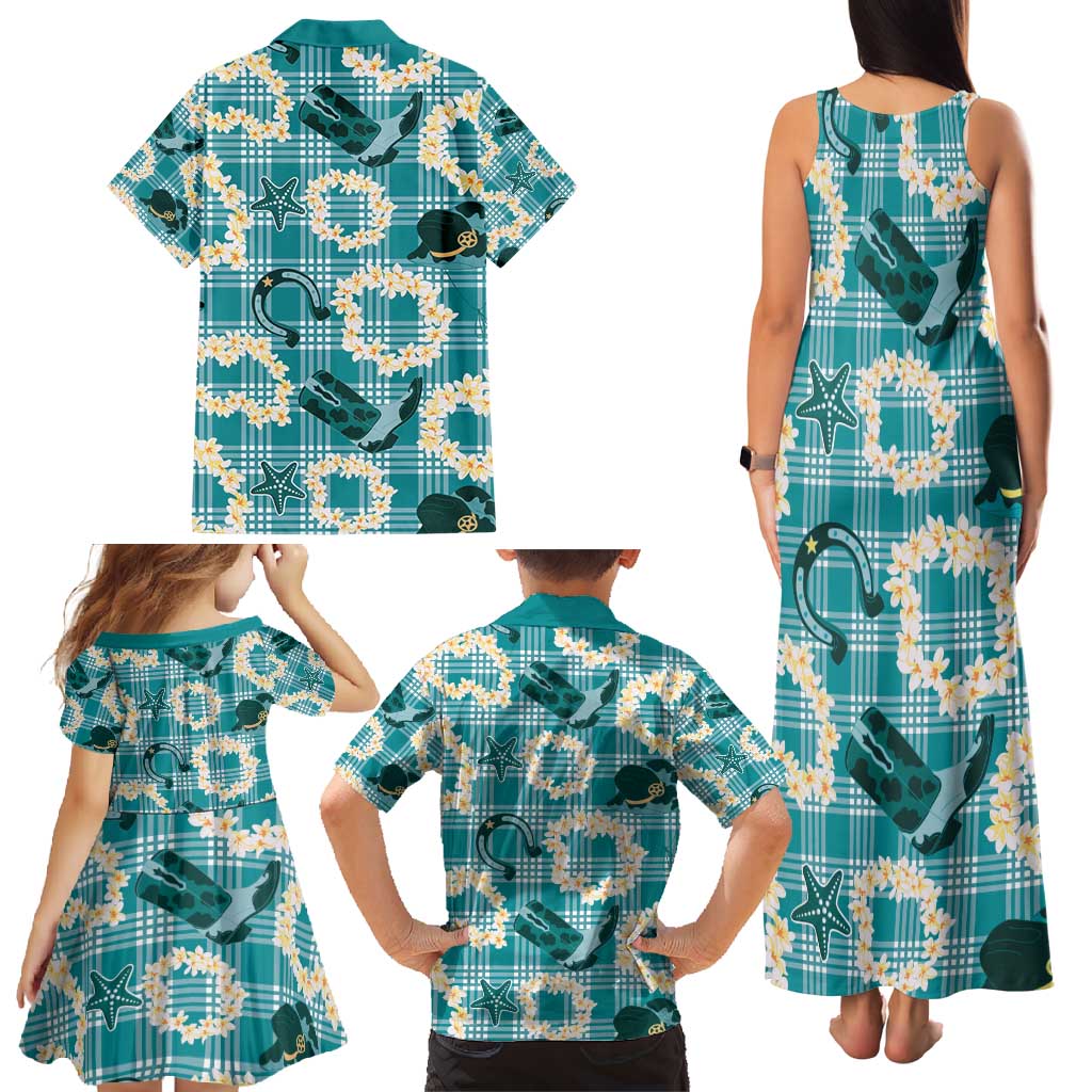 Aloha Hawaii Paniolo Teal Palaka Family Matching Tank Maxi Dress and Hawaiian Shirt Coastal Rodeo - Polynesian Pride