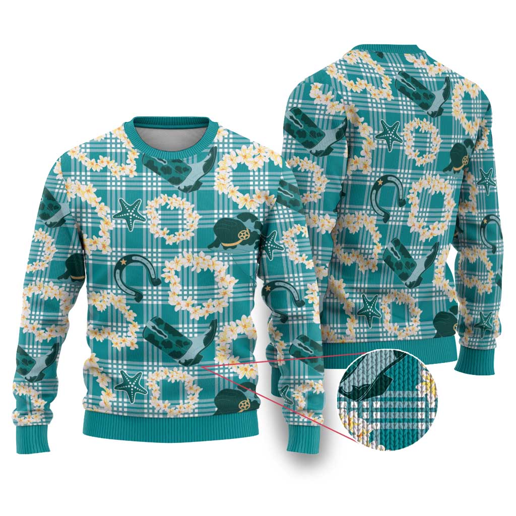 Aloha Hawaii Paniolo Teal Palaka Ugly Christmas Sweater Coastal Rodeo - Polynesian Pride