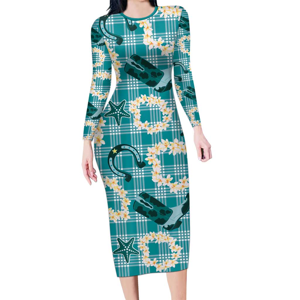 Aloha Hawaii Paniolo Teal Palaka Long Sleeve Bodycon Dress Coastal Rodeo - Polynesian Pride