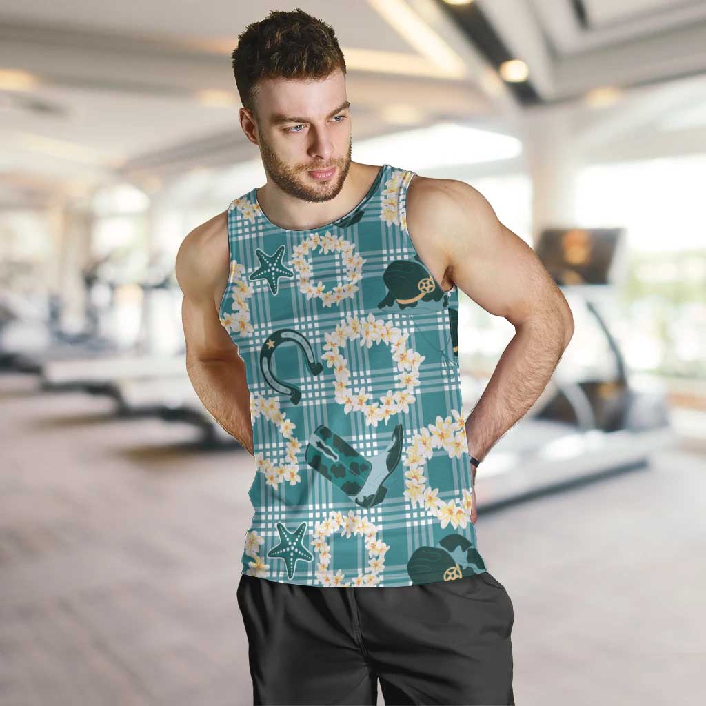 Aloha Hawaii Paniolo Teal Palaka Men Tank Top Coastal Rodeo - Polynesian Pride