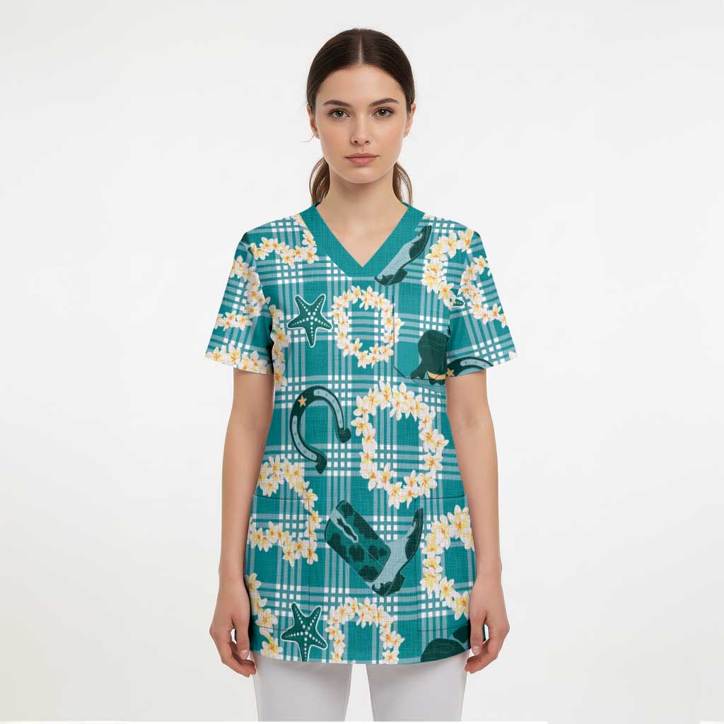 Aloha Hawaii Paniolo Teal Palaka Scrub Top Coastal Rodeo - Polynesian Pride
