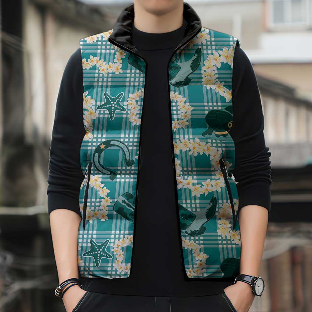 Aloha Hawaii Paniolo Teal Palaka Sleeveless Puffer Jacket Coastal Rodeo - Polynesian Pride