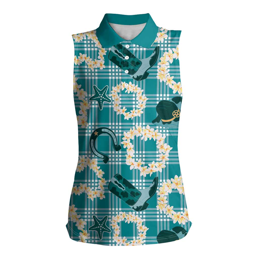 Aloha Hawaii Paniolo Teal Palaka Women Sleeveless Polo Shirt Coastal Rodeo - Polynesian Pride
