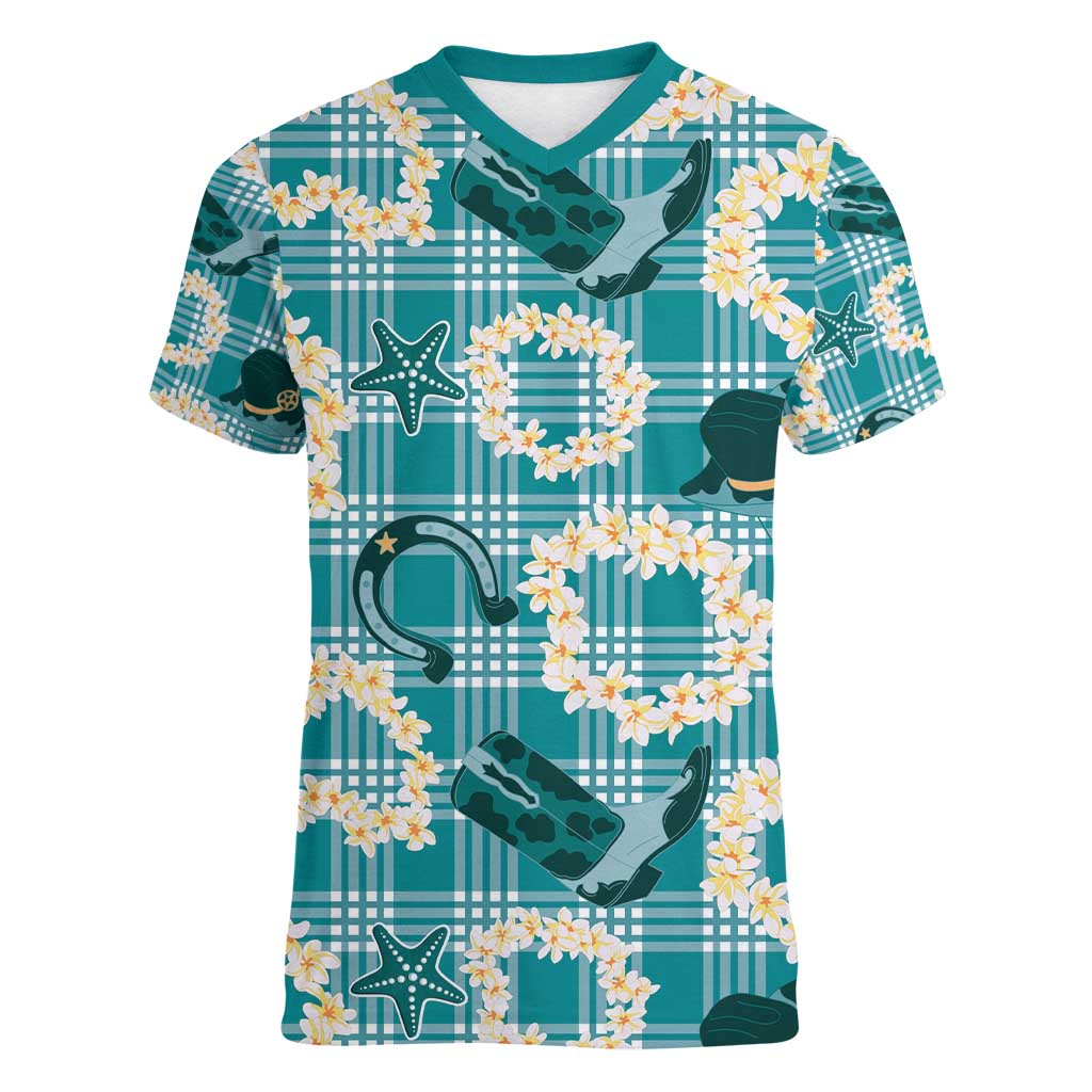 Aloha Hawaii Paniolo Teal Palaka Women V-Neck T-Shirt Coastal Rodeo LT7 Female Teal - Polynesian Pride