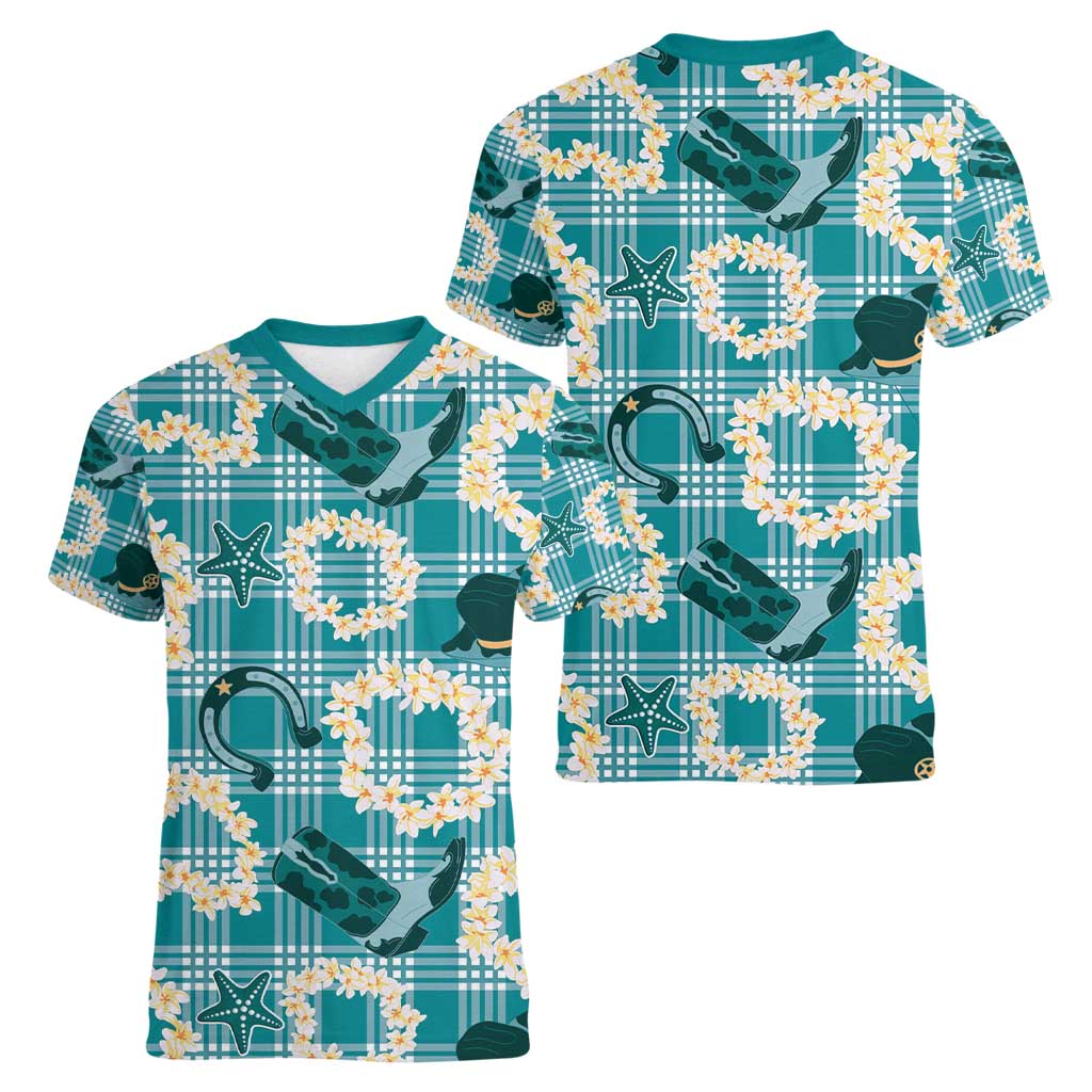 Aloha Hawaii Paniolo Teal Palaka Women V-Neck T-Shirt Coastal Rodeo LT7 - Polynesian Pride