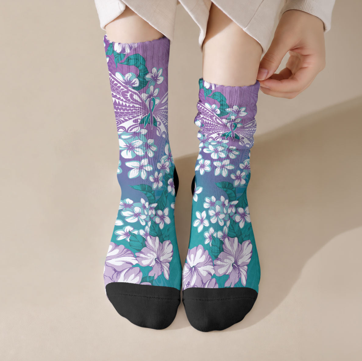 Dreamy Butterfly Polynesian Purple Teal Tribal Art Crew Socks Floral Vibes LT7 Crew Socks Purple Teal - Polynesian Pride