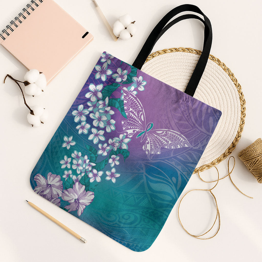 Dreamy Butterfly Polynesian Purple Teal Tribal Art Tote Bag Floral Vibes LT7 Black Strap One Size Purple Teal - Polynesian Pride