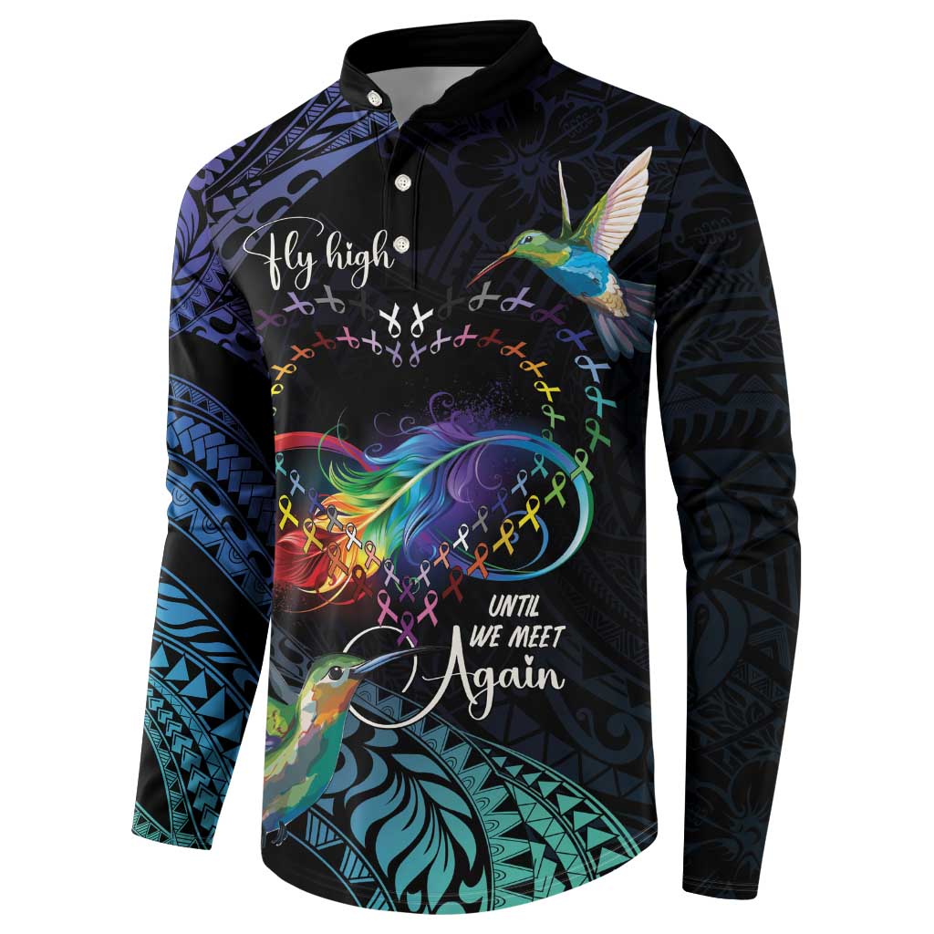 Polynesian Cancers Awareness Button Sweatshirt Hummingbird - Fly High Until We Meet Again