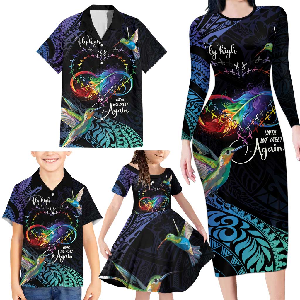 Polynesian Cancers Awareness Family Matching Long Sleeve Bodycon Dress and Hawaiian Shirt Hummingbird - Fly High Until We Meet Again