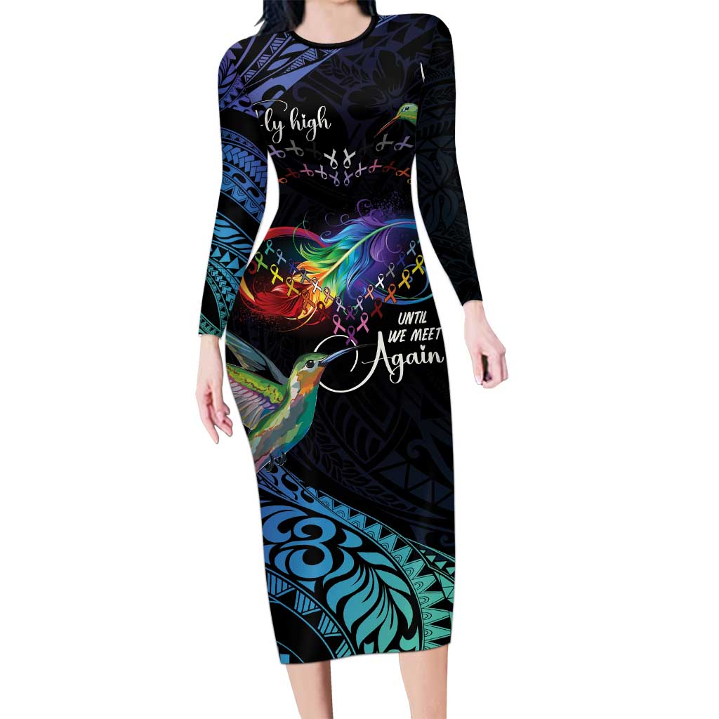 Polynesian Cancers Awareness Family Matching Long Sleeve Bodycon Dress and Hawaiian Shirt Hummingbird - Fly High Until We Meet Again LT7 Mom's Dress Colorful - Polynesian Pride