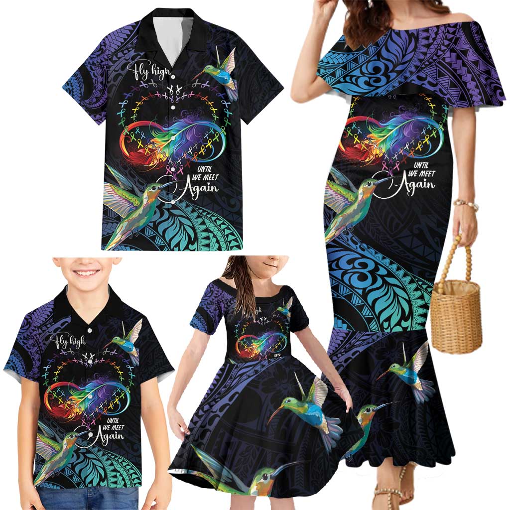 Polynesian Cancers Awareness Family Matching Mermaid Dress and Hawaiian Shirt Hummingbird - Fly High Until We Meet Again