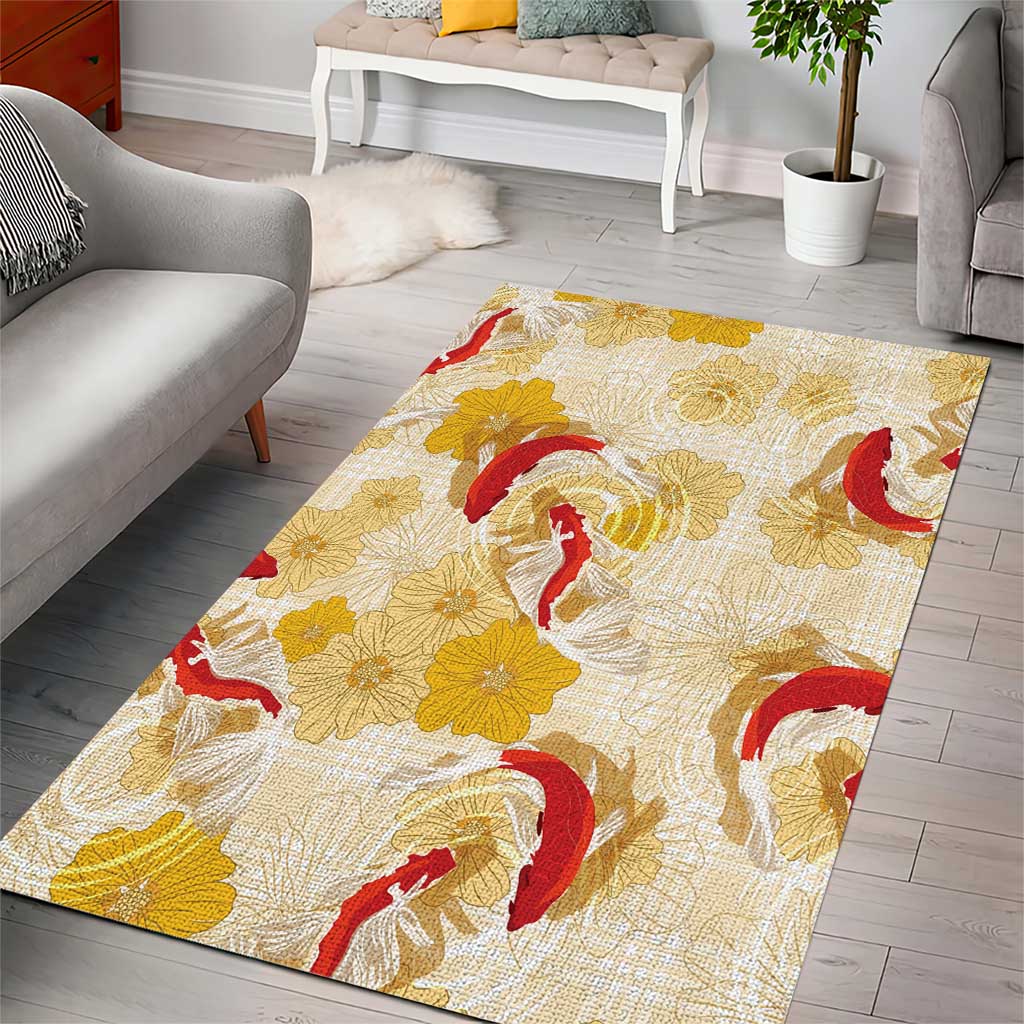 Beige Palaka Hawaii Aloha Area Rug Koi Pond Mix Ilima Flowers - Polynesian Pride