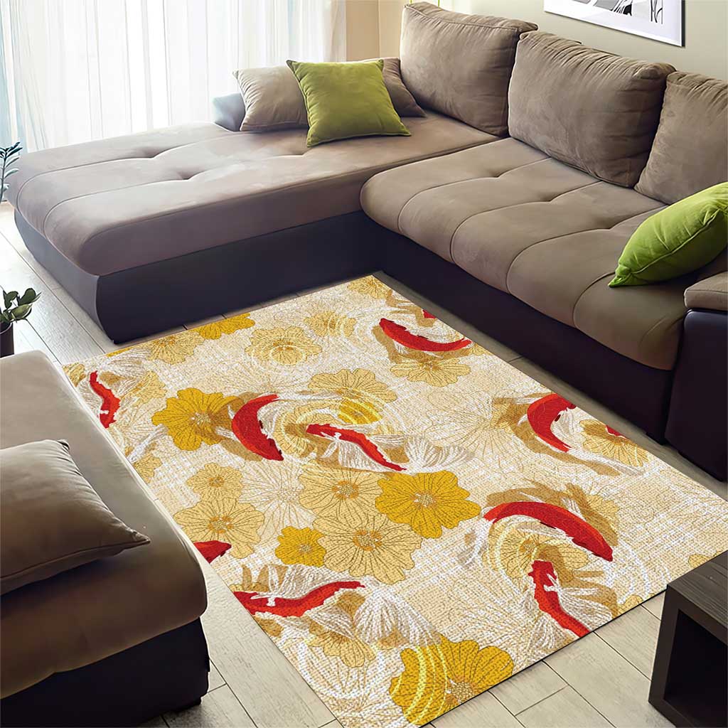 Beige Palaka Hawaii Aloha Area Rug Koi Pond Mix Ilima Flowers - Polynesian Pride