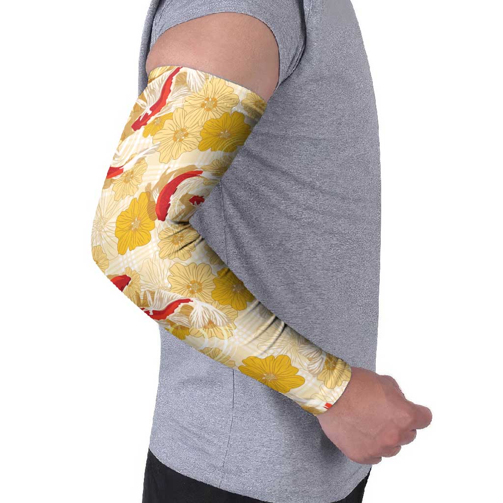 Beige Palaka Hawaii Aloha Arm Sleeves Koi Pond Mix Ilima Flowers - Polynesian Pride
