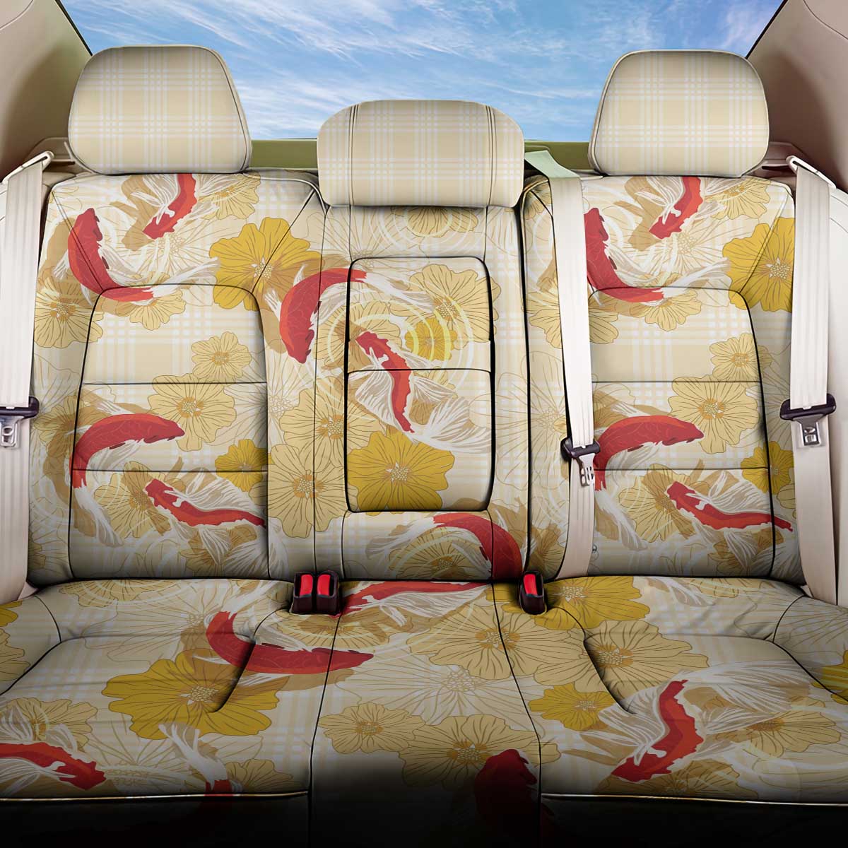 Beige Palaka Hawaii Aloha Back Car Seat Cover Koi Pond Mix Ilima Flowers - Polynesian Pride