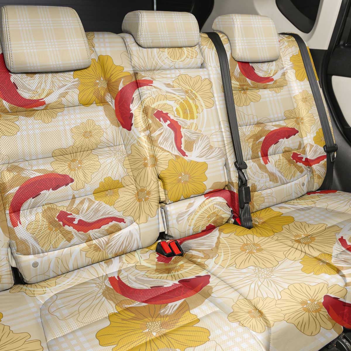 Beige Palaka Hawaii Aloha Back Car Seat Cover Koi Pond Mix Ilima Flowers - Polynesian Pride