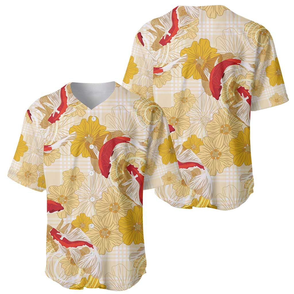 Beige Palaka Hawaii Aloha Baseball Jersey Koi Pond Mix Ilima Flowers - Polynesian Pride