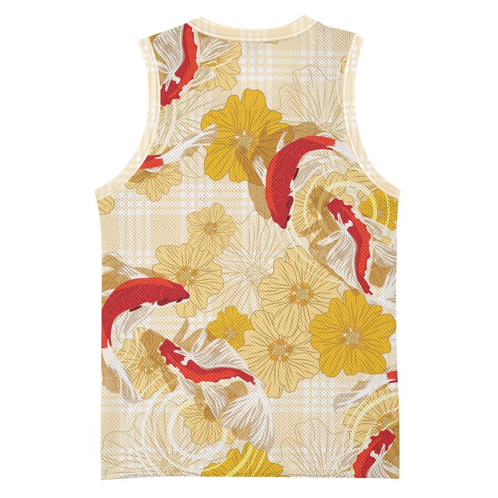 Beige Palaka Hawaii Aloha Basketball Jersey Koi Pond Mix Ilima Flowers - Polynesian Pride