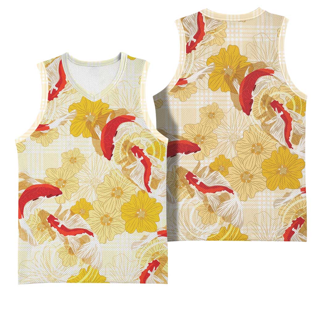 Beige Palaka Hawaii Aloha Basketball Jersey Koi Pond Mix Ilima Flowers - Polynesian Pride