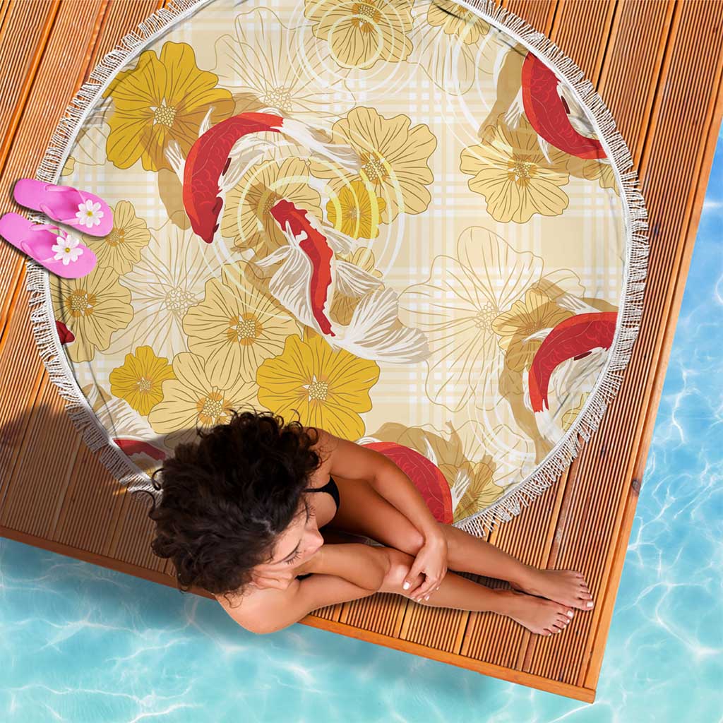 Beige Palaka Hawaii Aloha Beach Blanket Koi Pond Mix Ilima Flowers - Polynesian Pride