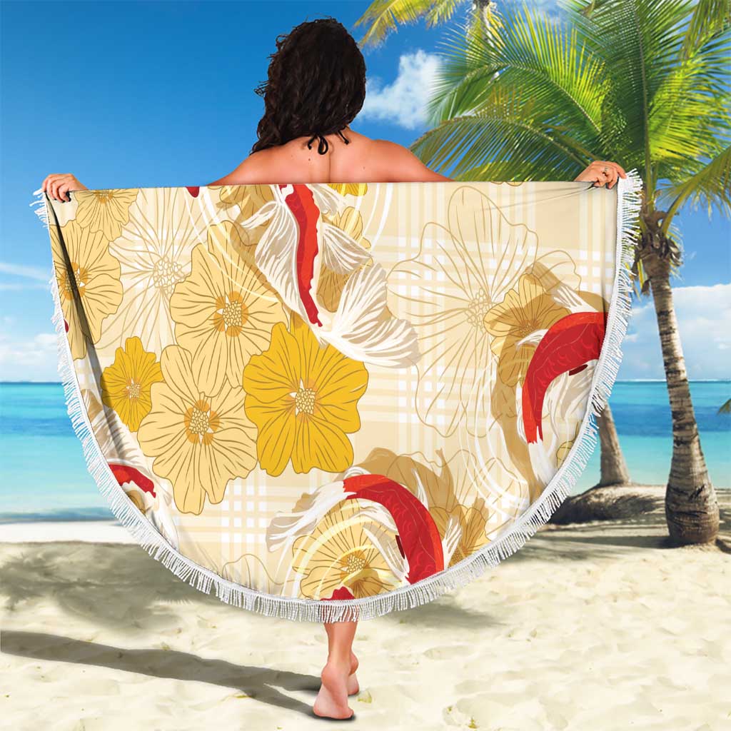 Beige Palaka Hawaii Aloha Beach Blanket Koi Pond Mix Ilima Flowers - Polynesian Pride