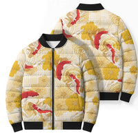 Beige Palaka Hawaii Aloha Bomber Puffer Jacket Koi Pond Mix Ilima Flowers - Polynesian Pride