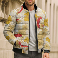 Beige Palaka Hawaii Aloha Bomber Puffer Jacket Koi Pond Mix Ilima Flowers - Polynesian Pride