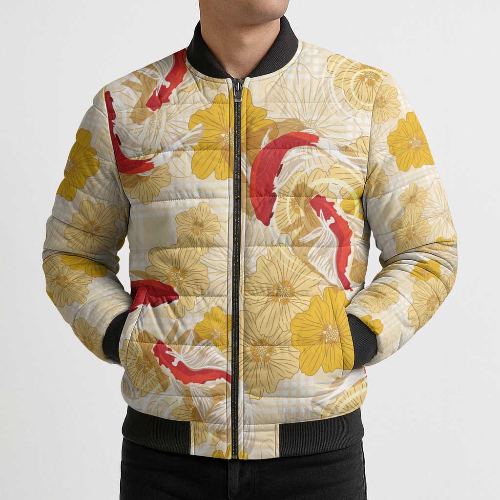 Beige Palaka Hawaii Aloha Bomber Puffer Jacket Koi Pond Mix Ilima Flowers - Polynesian Pride