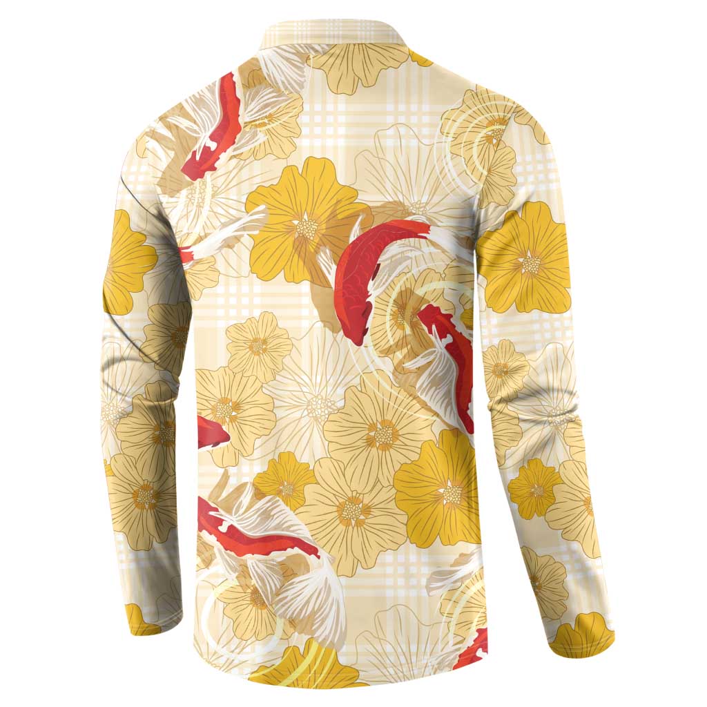 Beige Palaka Hawaii Aloha Button Sweatshirt Koi Pond Mix Ilima Flowers - Polynesian Pride