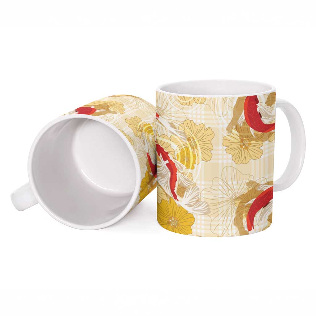 Beige Palaka Hawaii Aloha Ceramic Mug Koi Pond Mix Ilima Flowers - Polynesian Pride