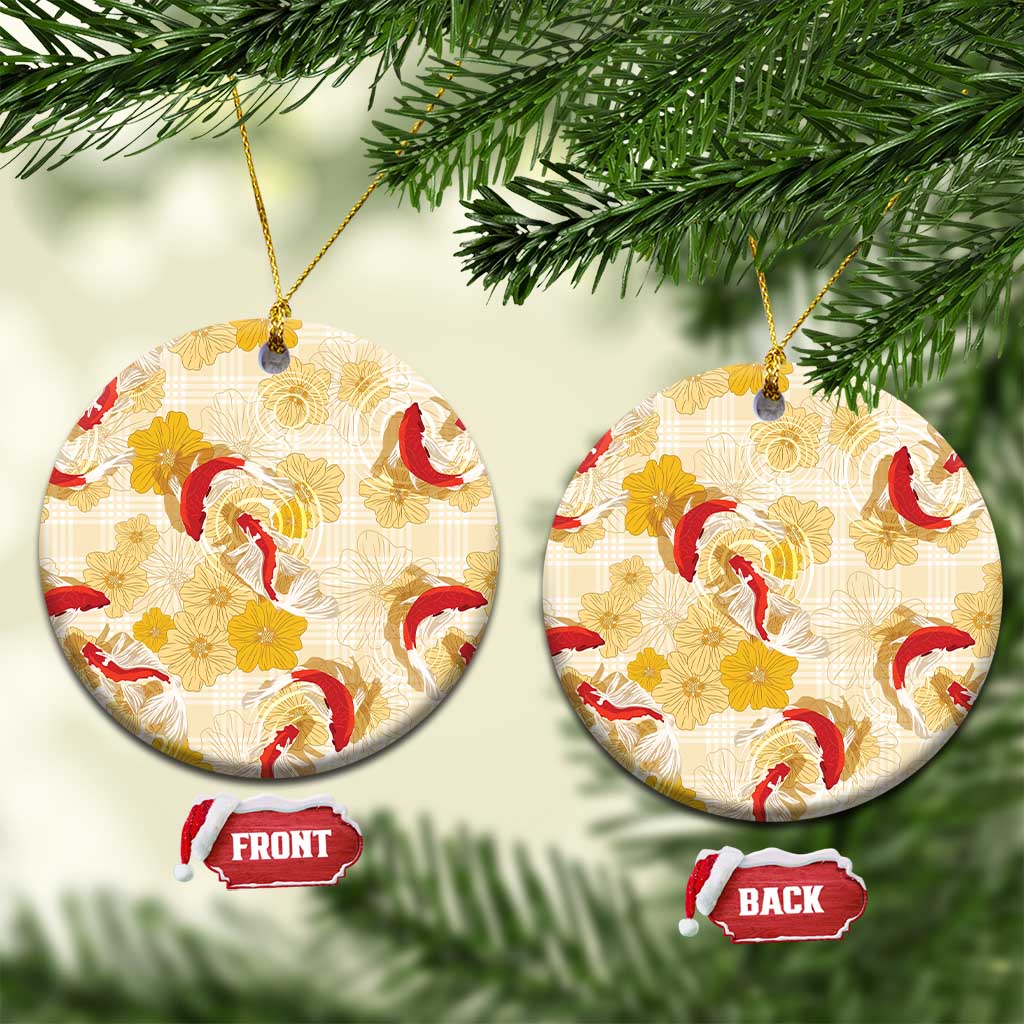 Beige Palaka Hawaii Aloha Ceramic Ornament Koi Pond Mix Ilima Flowers - Polynesian Pride