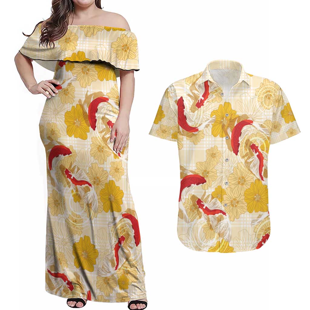 Beige Palaka Hawaii Aloha Couples Matching Off Shoulder Maxi Dress and Hawaiian Shirt Koi Pond Mix Ilima Flowers - Polynesian Pride