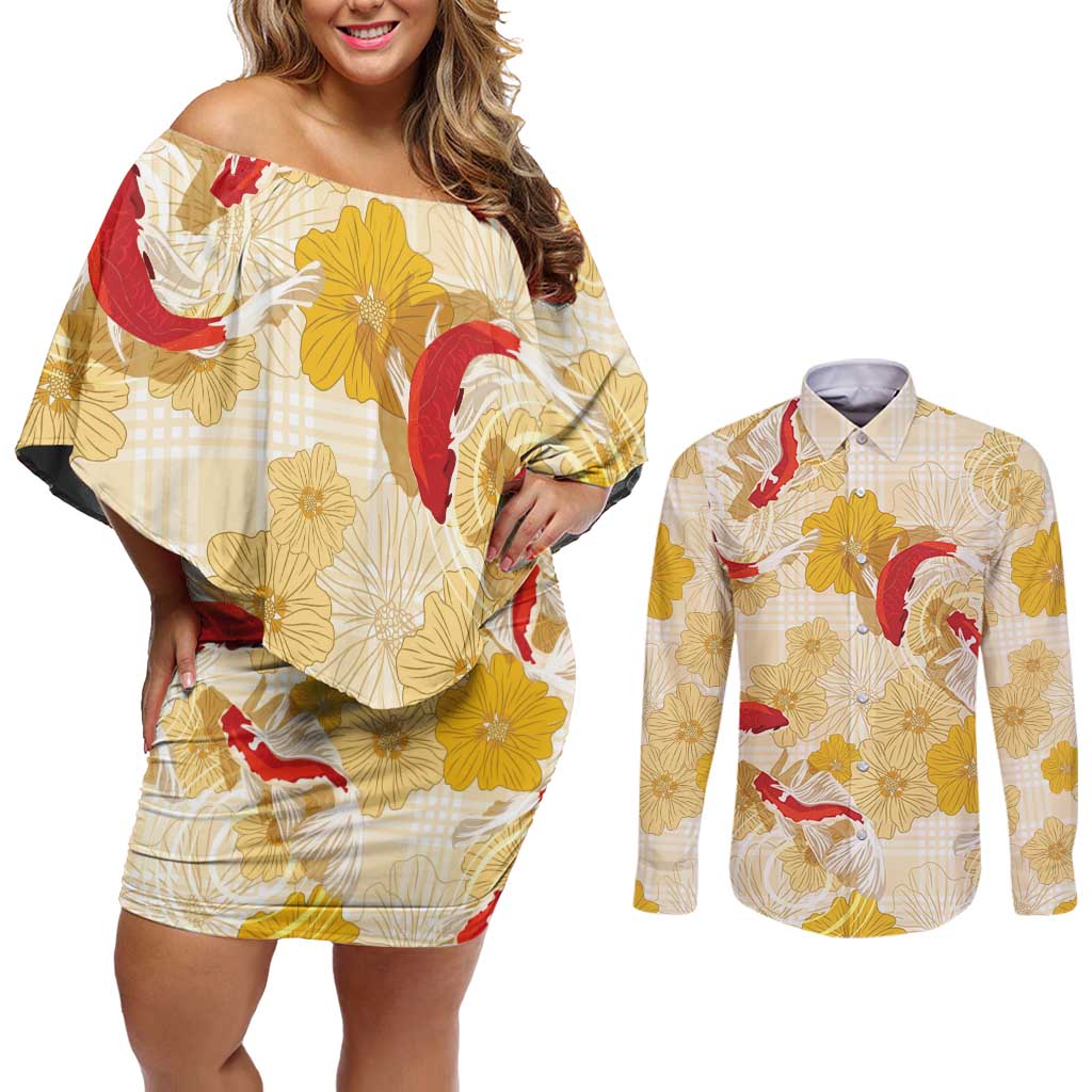 Beige Palaka Hawaii Aloha Couples Matching Off Shoulder Short Dress and Long Sleeve Button Shirt Koi Pond Mix Ilima Flowers - Polynesian Pride