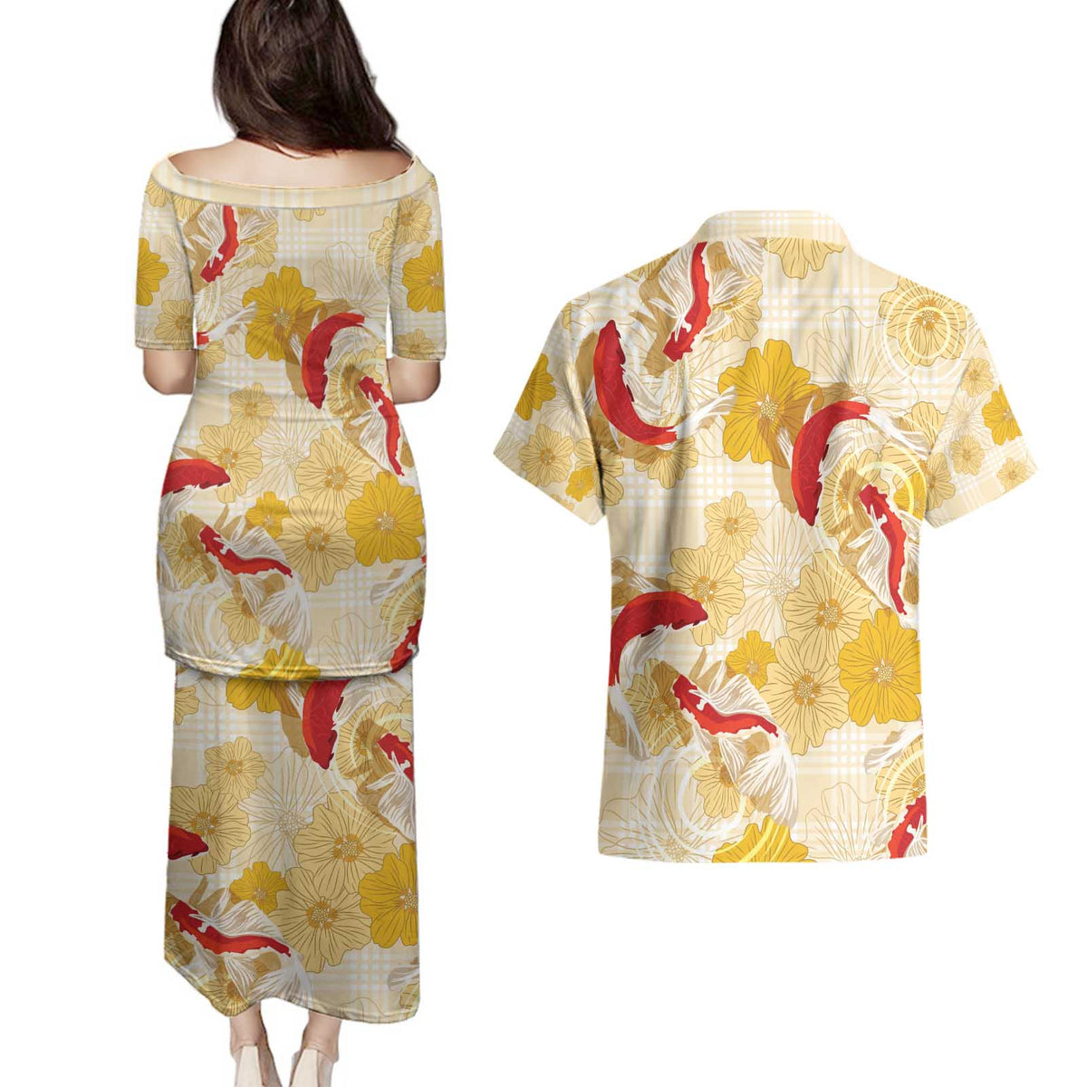 Beige Palaka Hawaii Aloha Couples Matching Puletasi and Hawaiian Shirt Koi Pond Mix Ilima Flowers - Polynesian Pride