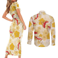 Beige Palaka Hawaii Aloha Couples Matching Short Sleeve Bodycon Dress and Long Sleeve Button Shirt Koi Pond Mix Ilima Flowers - Polynesian Pride