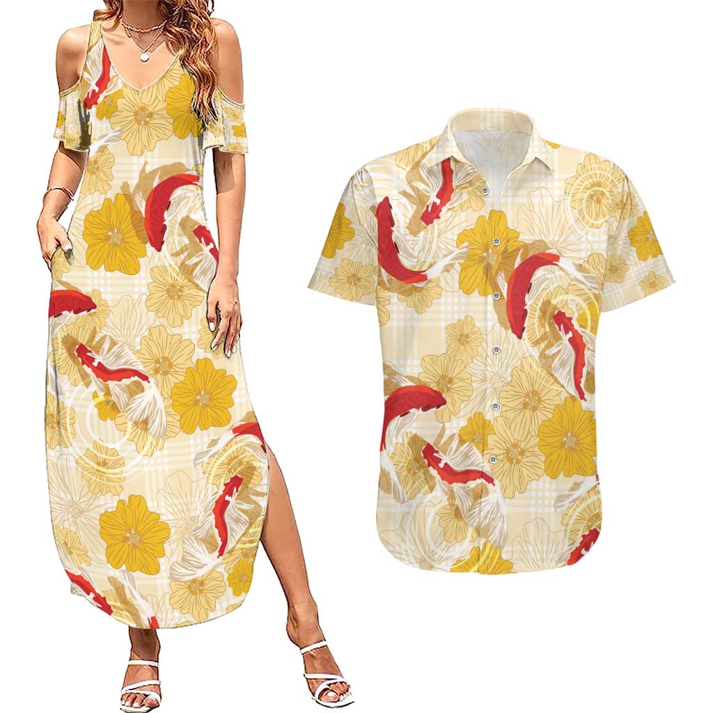 Beige Palaka Hawaii Aloha Couples Matching Summer Maxi Dress and Hawaiian Shirt Koi Pond Mix Ilima Flowers - Polynesian Pride