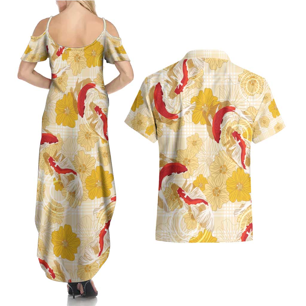 Beige Palaka Hawaii Aloha Couples Matching Summer Maxi Dress and Hawaiian Shirt Koi Pond Mix Ilima Flowers - Polynesian Pride