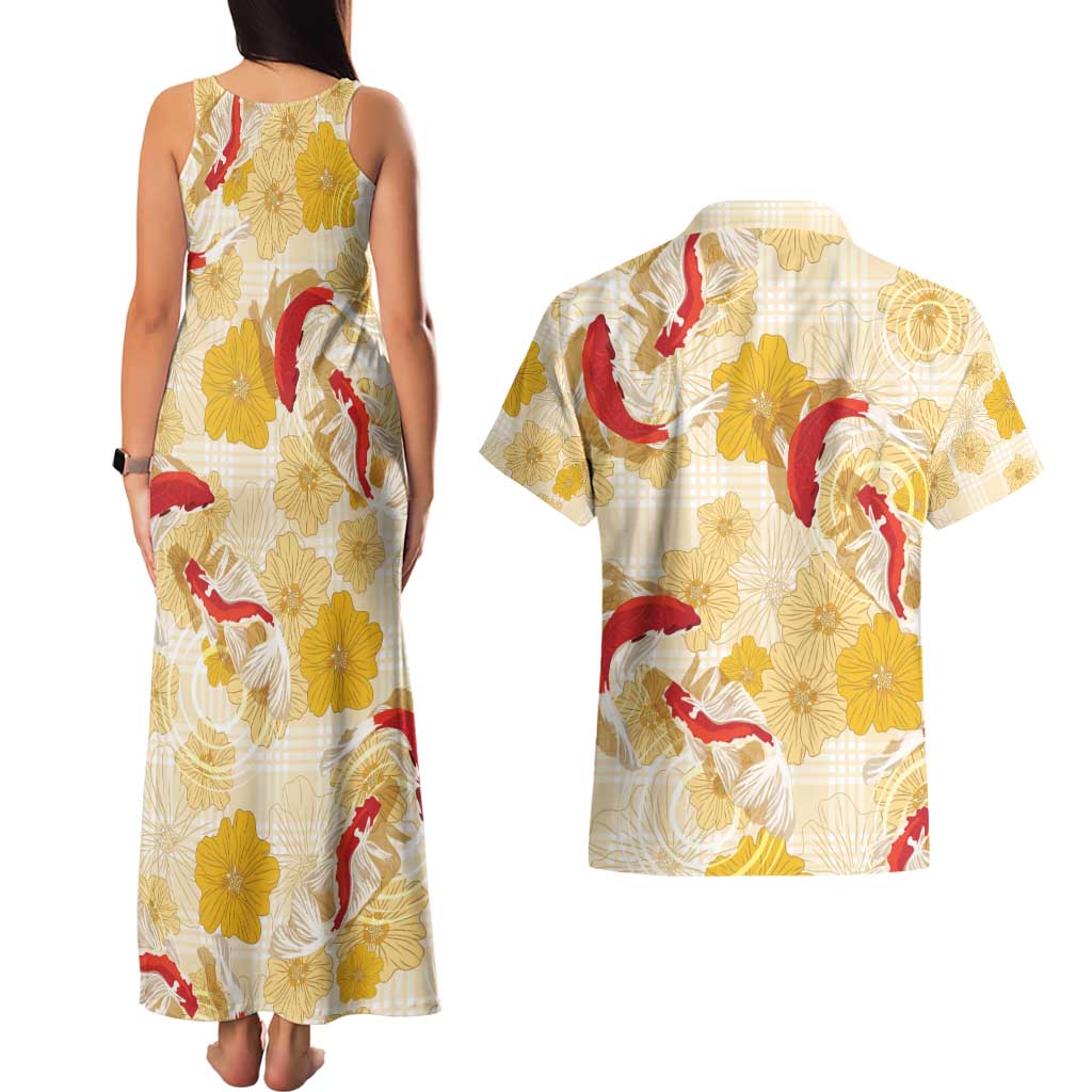 Beige Palaka Hawaii Aloha Couples Matching Tank Maxi Dress and Hawaiian Shirt Koi Pond Mix Ilima Flowers - Polynesian Pride