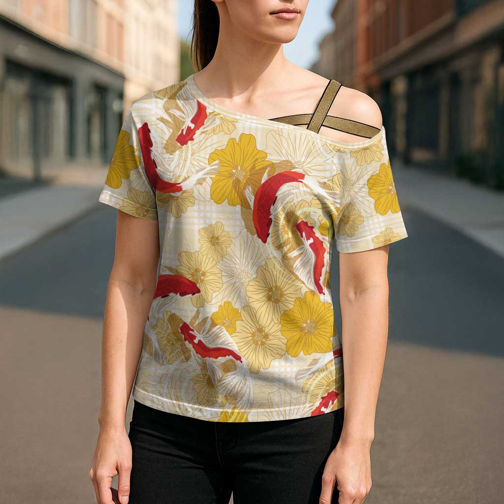 Beige Palaka Hawaii Aloha Cross Shoulder Shirt Koi Pond Mix Ilima Flowers - Polynesian Pride