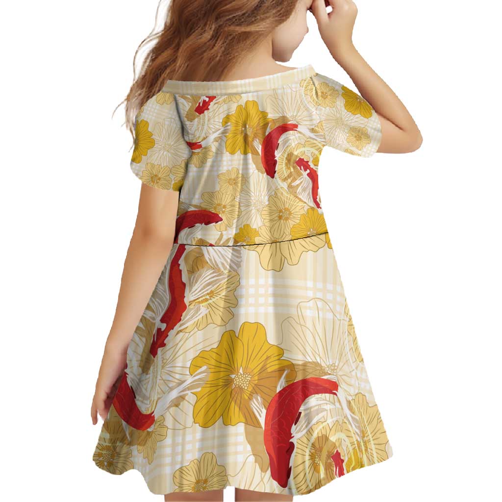 Beige Palaka Hawaii Aloha Family Matching Long Sleeve Bodycon Dress and Hawaiian Shirt Koi Pond Mix Ilima Flowers - Polynesian Pride