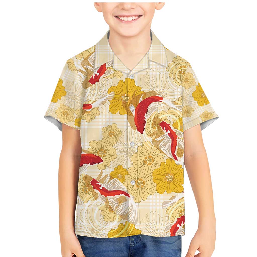 Beige Palaka Hawaii Aloha Family Matching Mermaid Dress and Hawaiian Shirt Koi Pond Mix Ilima Flowers - Polynesian Pride