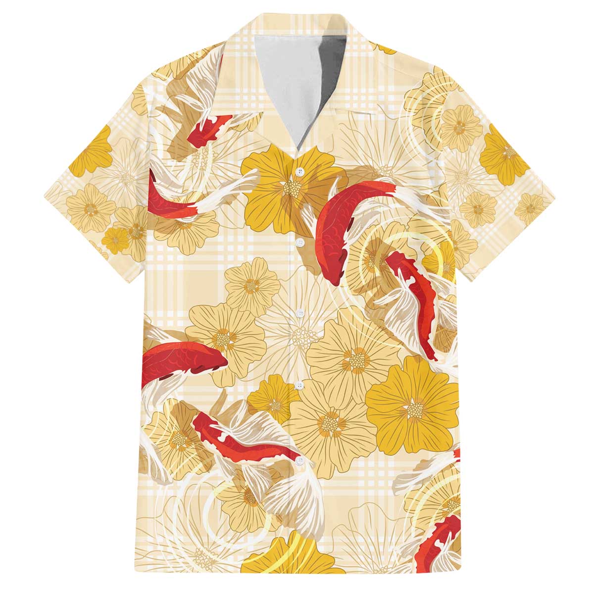 Beige Palaka Hawaii Aloha Family Matching Off The Shoulder Long Sleeve Dress and Hawaiian Shirt Koi Pond Mix Ilima Flowers - Polynesian Pride